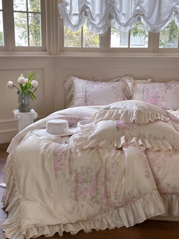 Girly-Style Tencel Cotton Bedding Set With Pink Flowers