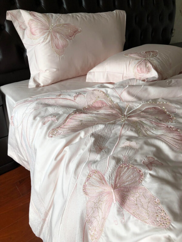 Elegant Pink Butterfly Embroidered 100% Cotton Bedding Set