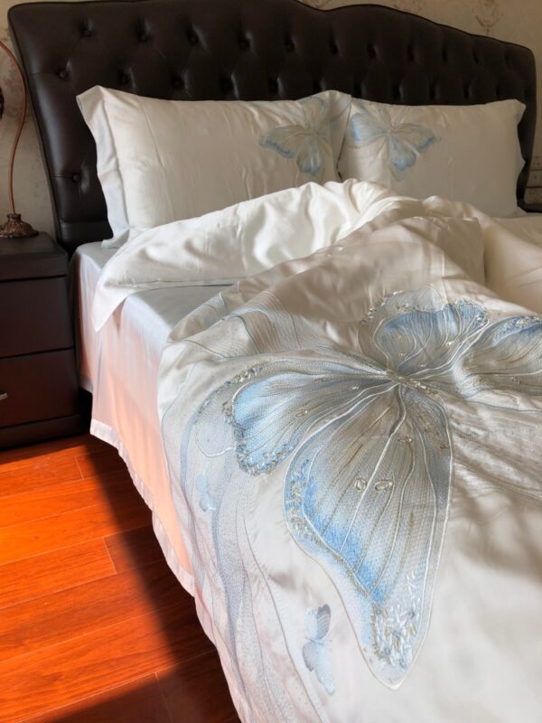Elegant White & Blue Butterfly Embroidered Tencel Bedding Set