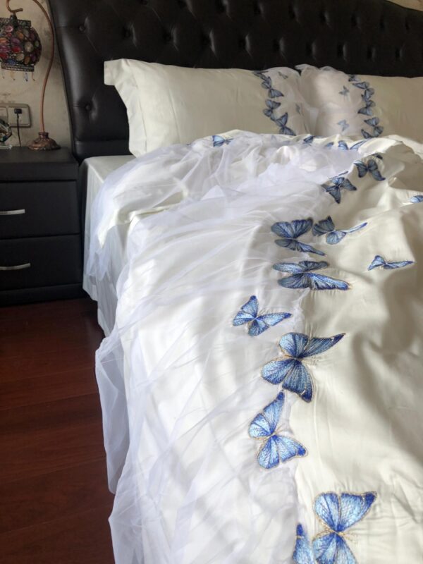 100% Cotton Bedding Set with Sheer Tulle Trim & Blue Butterfly Embroidery